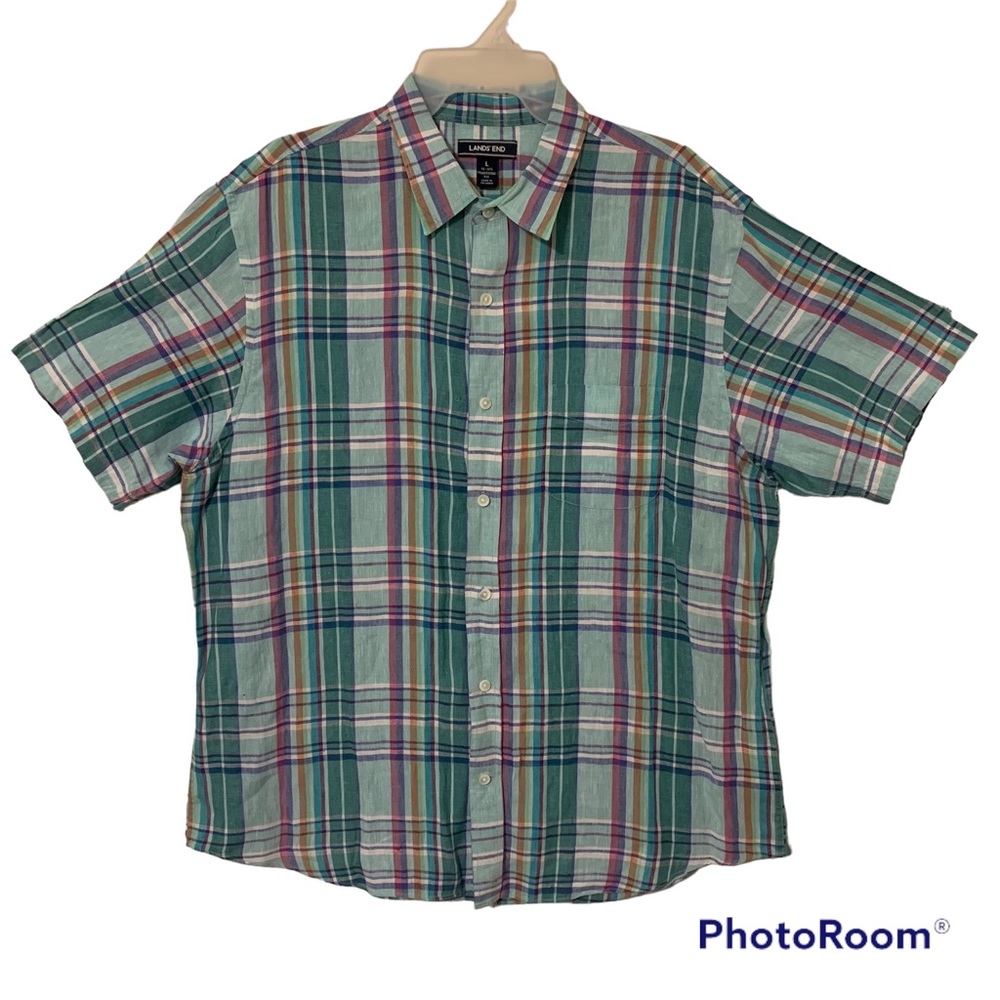 Lands’ End Traditional Fit Plaid Linen Shirt Neck 16-16 1/2 Large